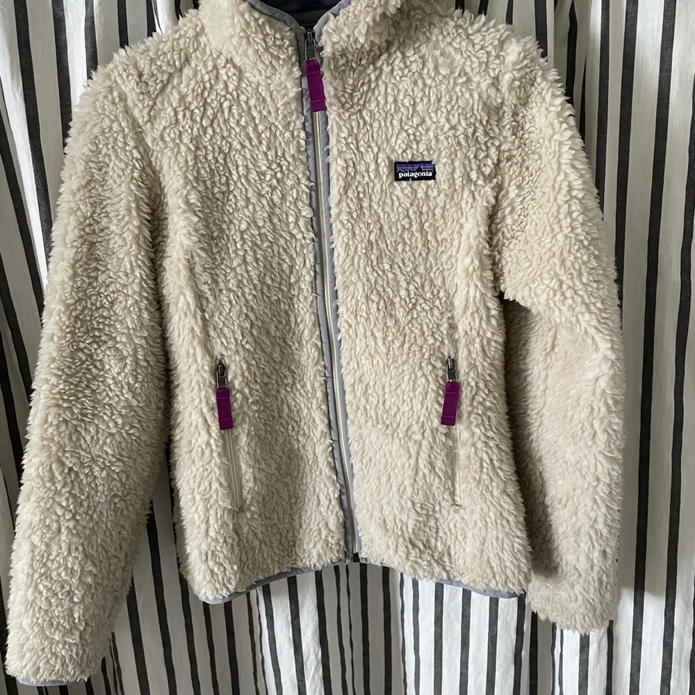 Patagonia Cream Fleece Jacket with Purple Accents